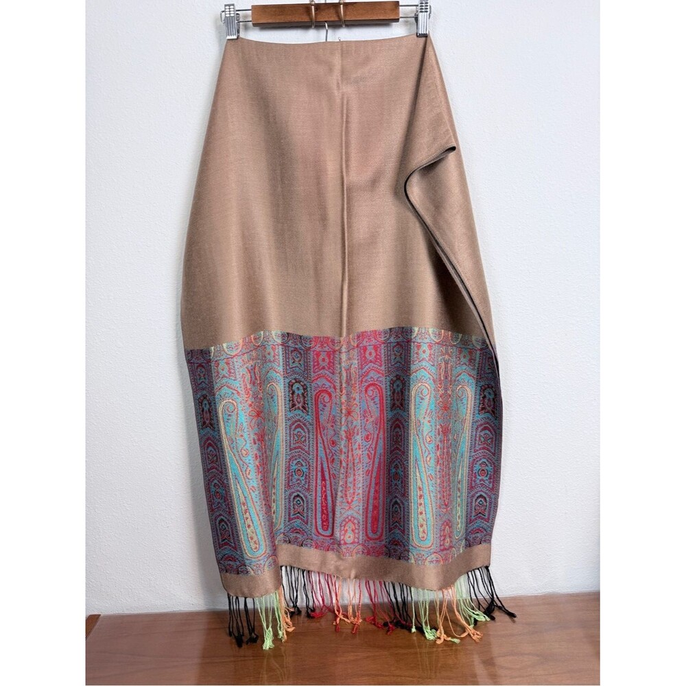 Tan Colorful Fringe Pashmina Wrap Scarf 26x68”